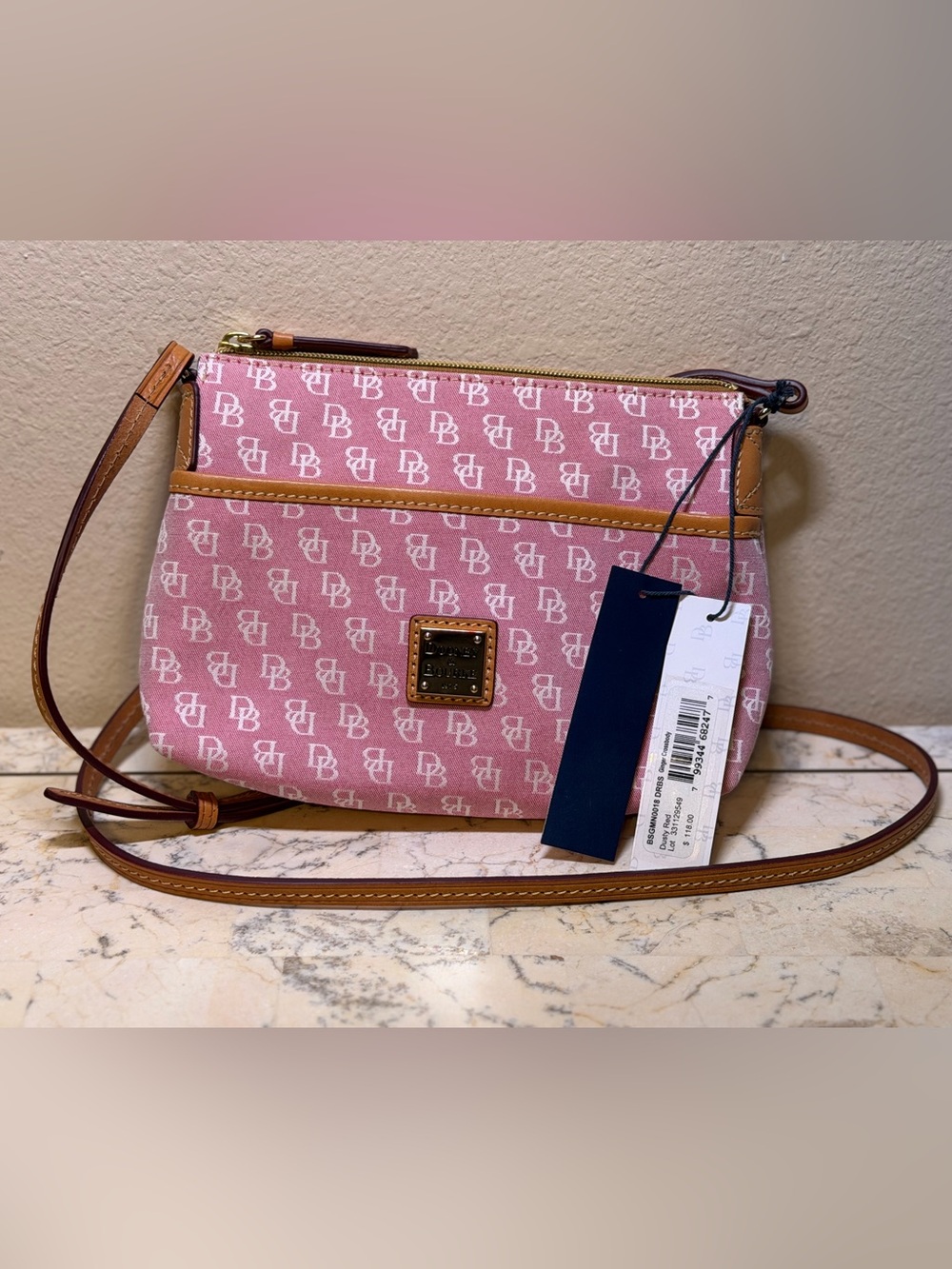 Pink Dooney & Bourke Crossbody Bag with Tan Leather Trim